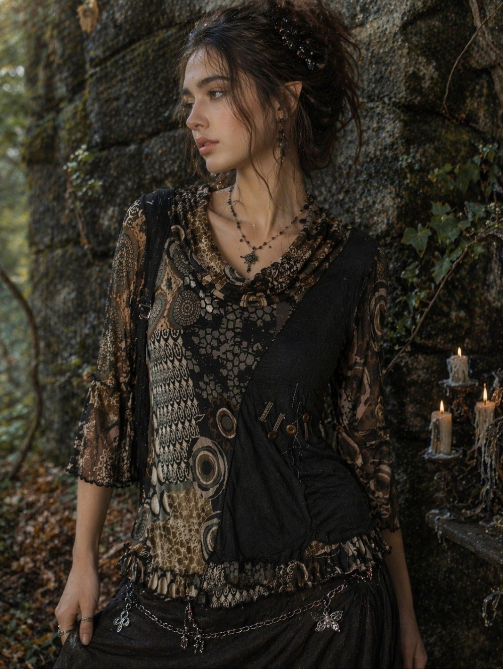 ZOE Top Womens Small Black Brown Sheer Whimsigoth Fairy Grunge Asymmetrical Y2K